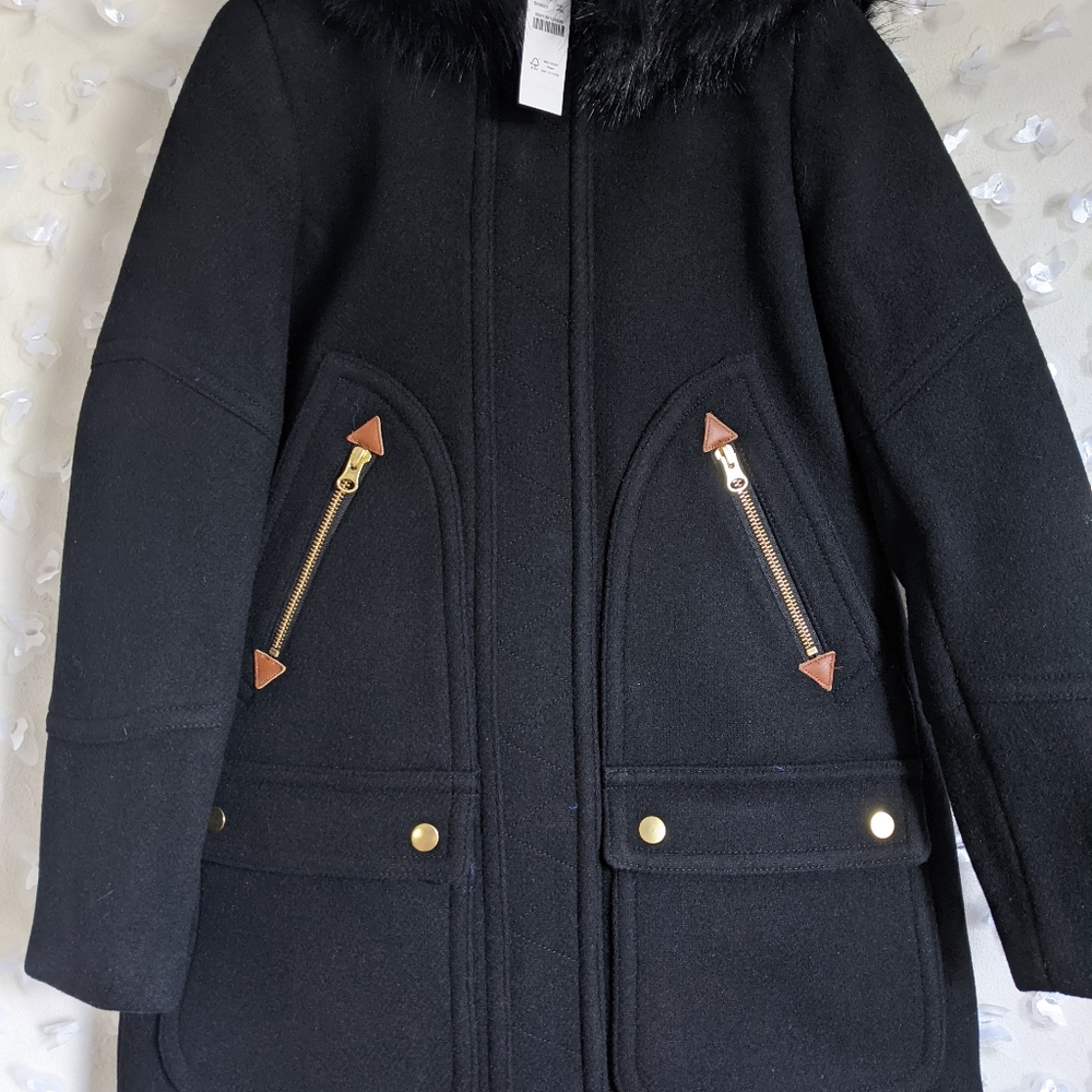 J. Crew Stadium Wool Chateau Parka Coat Black Hooded Faux Fur Trim Size 00 NEW - Picture 6 of 7
